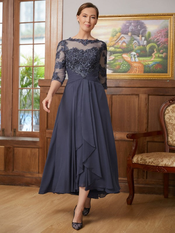 Wholesale A-Line/Princess Chiffon Applique Scoop 3/4 Sleeves Asymmetrical Mother of the Bride Dresses